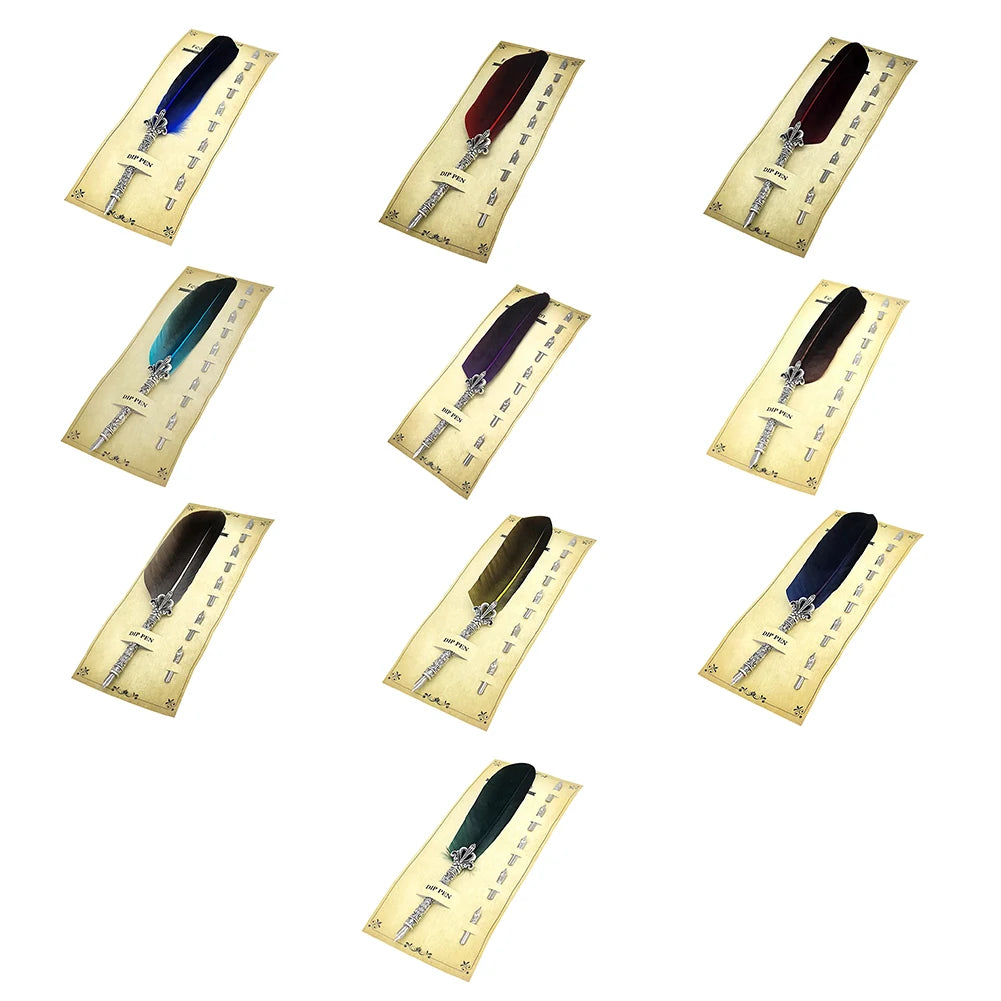 Feather Dip Pen Set with 5 Nibs & Ink – Vintage Calligraphy Writing Tool