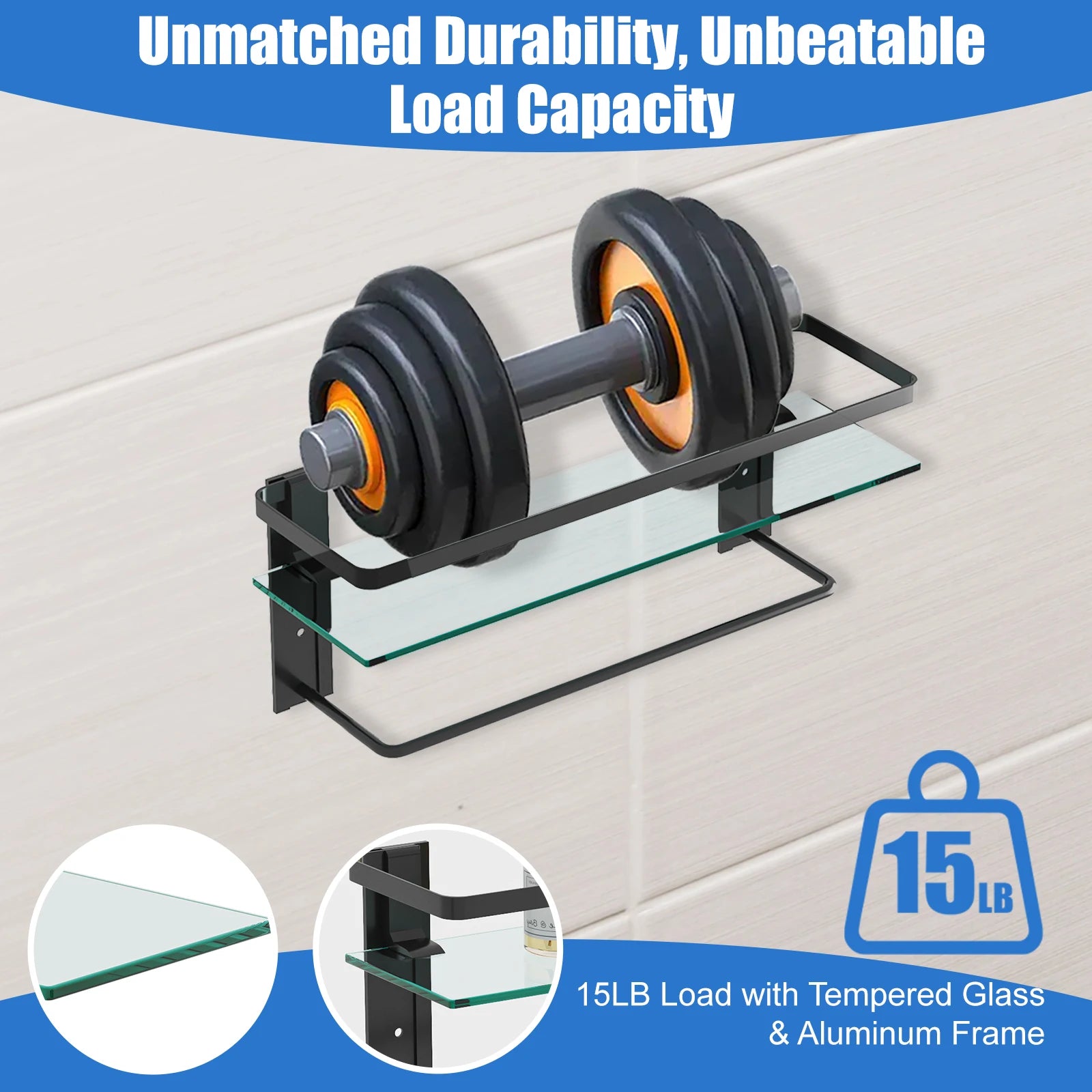 Glass Bathroom Shelf with Towel Bar – 15.7" Rustproof Metal 2-Tier Wall Organizer