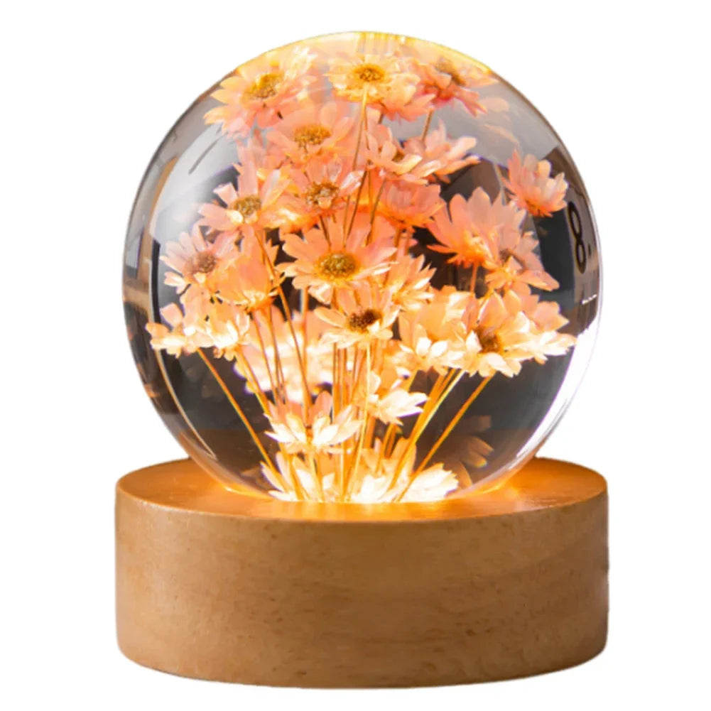 Forever Flowers Crystal Ball Light – LED Round Night Lamp with Wooden Base, Decorative Home & Office Gift for Men, Women & Kids