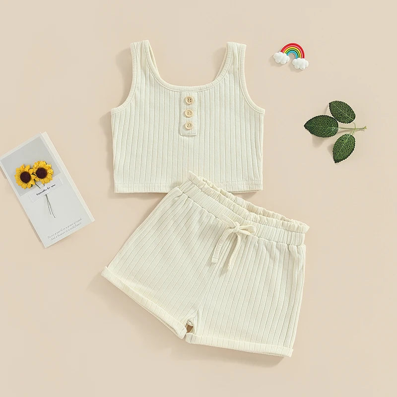 Lioraitiin Girls’ 2-Piece Summer Outfit – Sleeveless Knit Vest Top & Solid Drawstring Shorts Set for Kids 0–8 Years