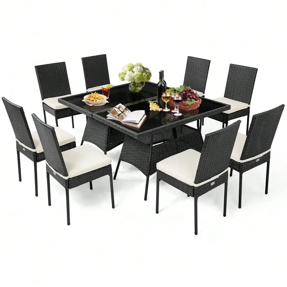 “10-Piece Rattan Patio Dining Set – Outdoor Glass-Top Table with 9 Cushioned Chairs”