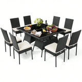 “10-Piece Rattan Patio Dining Set – Outdoor Glass-Top Table with 9 Cushioned Chairs”