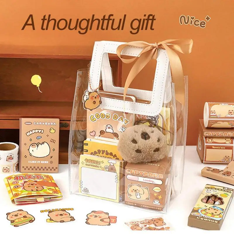 Cartoon Capybara Stationery Set – Stickers, Notepads, Plush Pendants & Handbag Gift Set for Kids, School & Birthdays