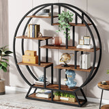 63" Industrial Round Bookshelf – Tribesigns Wood & Metal Bookcase with Staggered Display Shelves