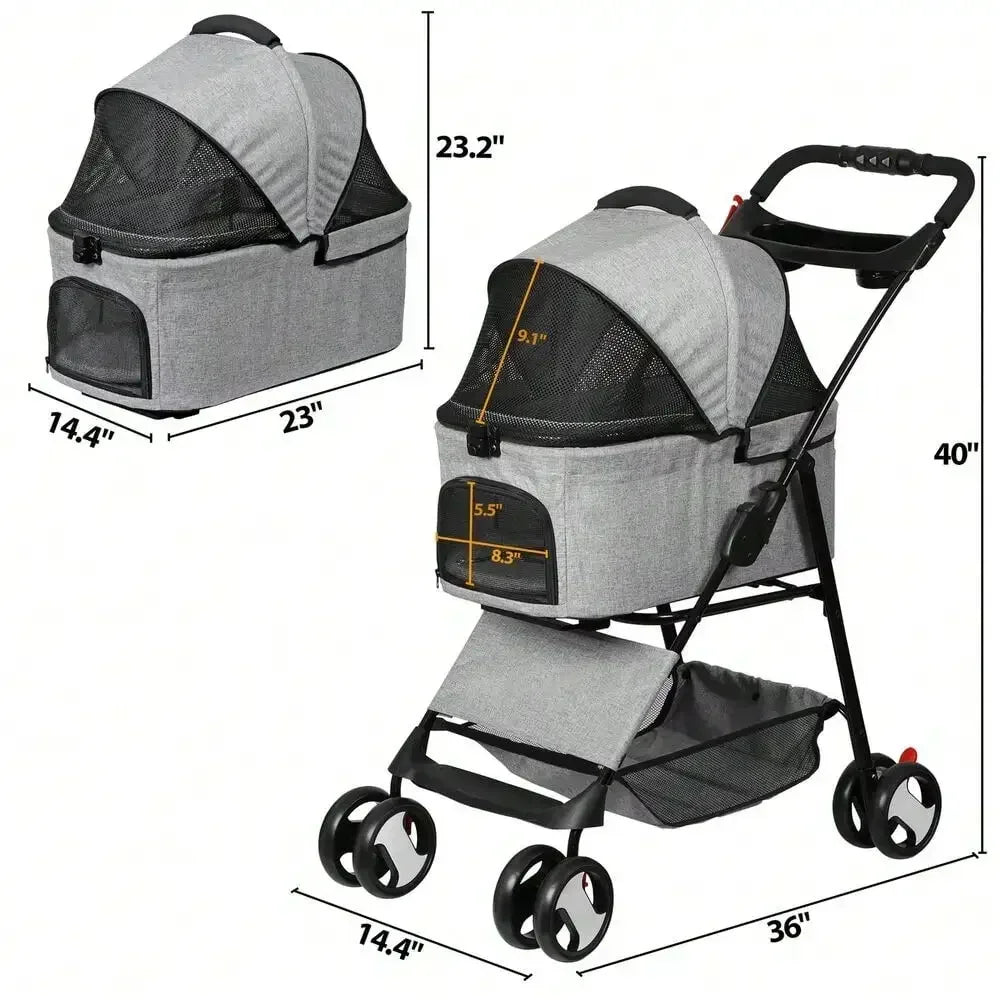 Pet Stroller with Detachable Carrier – Folding Travel Cart for Small Dogs & Cats, 360° Swivel Front Wheels