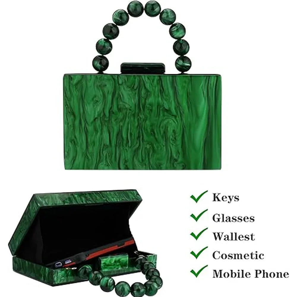 Pearl Marble Dark Green Acrylic Evening Bag – Luxury Crossbody Flap Purse for Women, Wedding, Party & Chic Beach Events