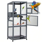68" Large Wooden Bird Cage Aviary – Outdoor Bird House on Wheels with Pull-Out Tray for Easy Cleaning