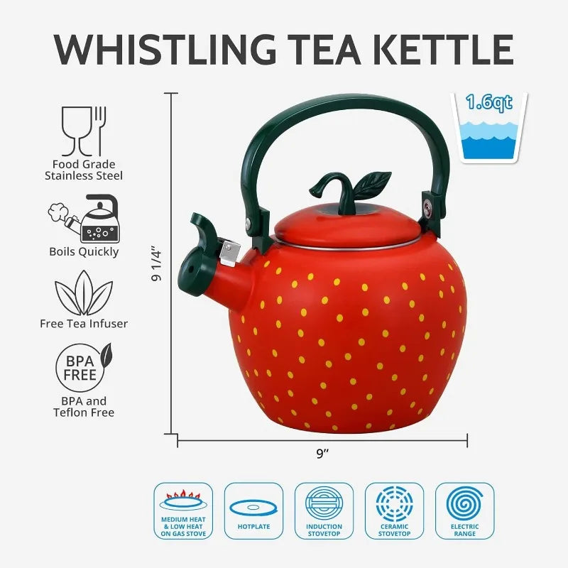 Whistling Tea Kettle – Enamel on Steel Stovetop Teapot with Strawberry Design, Cute Kitchen Water Kettle