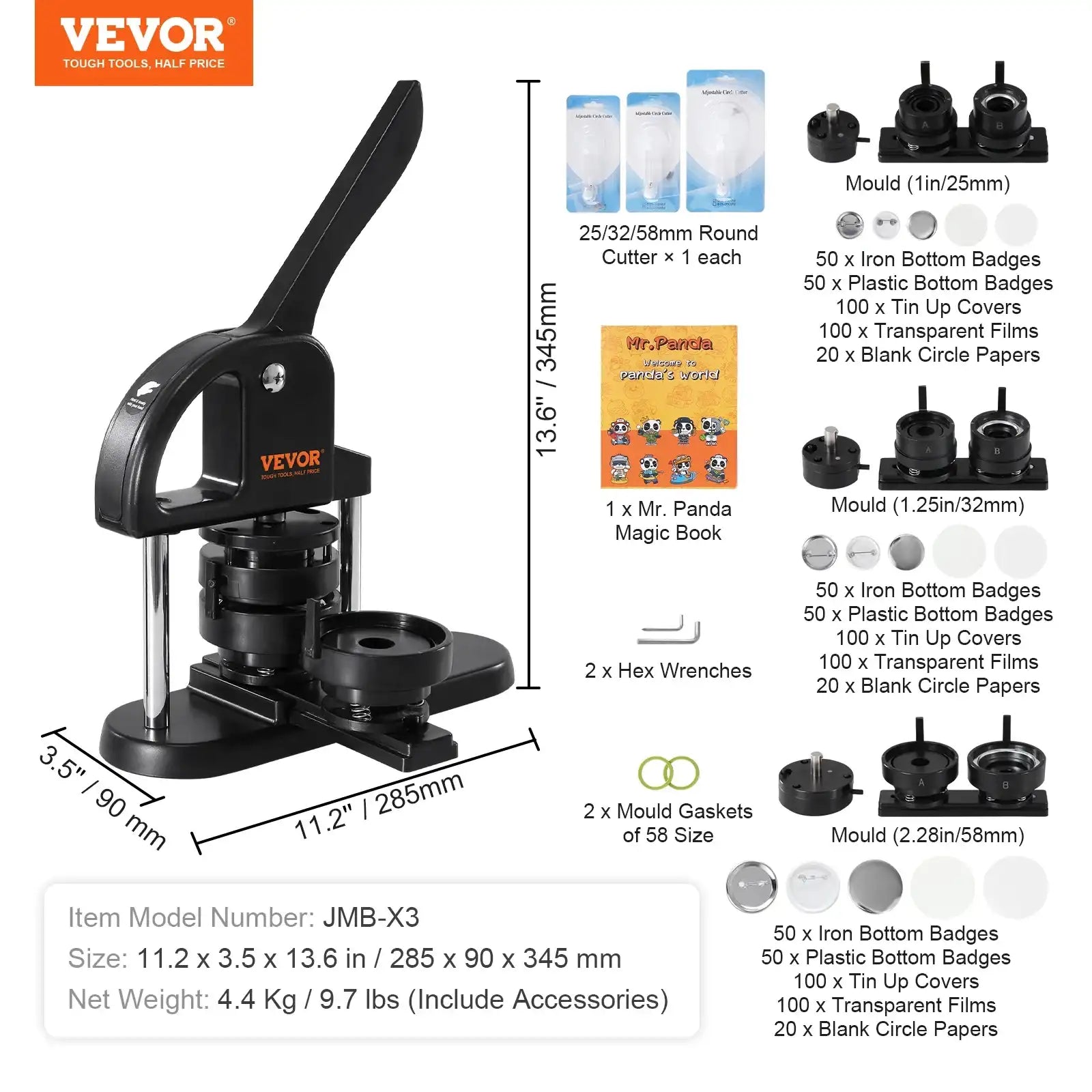 Vevor Button Maker Machine – 25/32/58mm Pin Badge Maker with Button Parts & Ergonomic Arc Handle, DIY Punch Press Kit