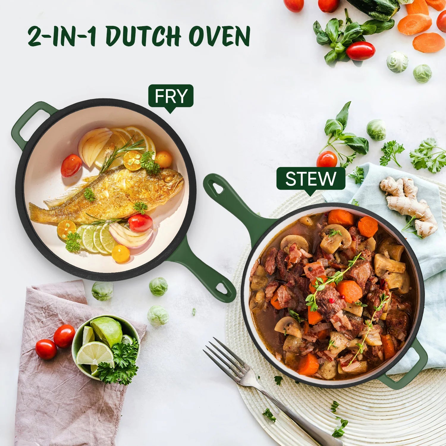 2-in-1 Enamel Cast Iron Frying Pan & Dutch Oven – 3 L Multi-Purpose Pot with Lid for Baking, Stewing & BBQ