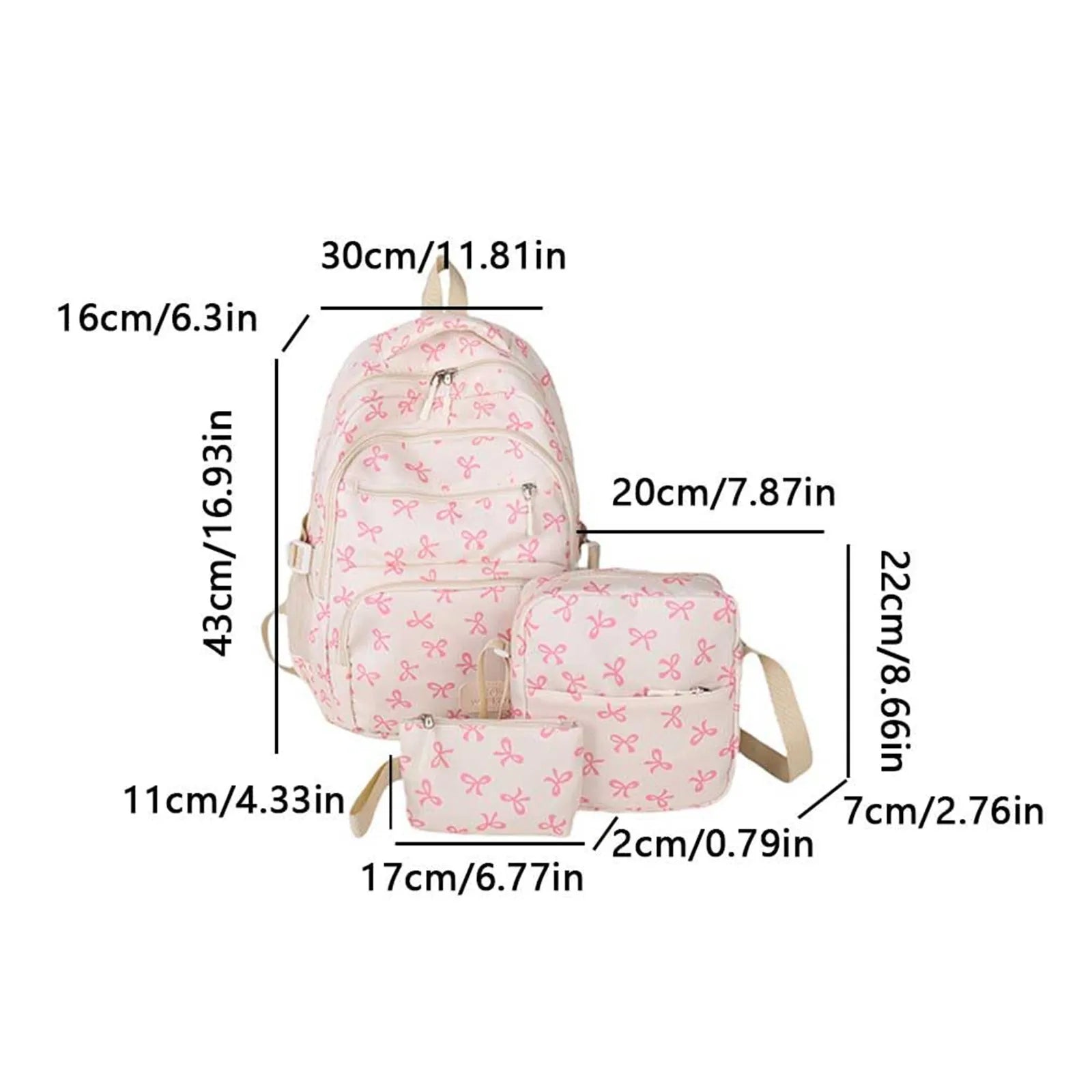 Korean Fashion Bow-Print Backpack Set — Lightweight 3-Piece Student Schoolbag for Girls