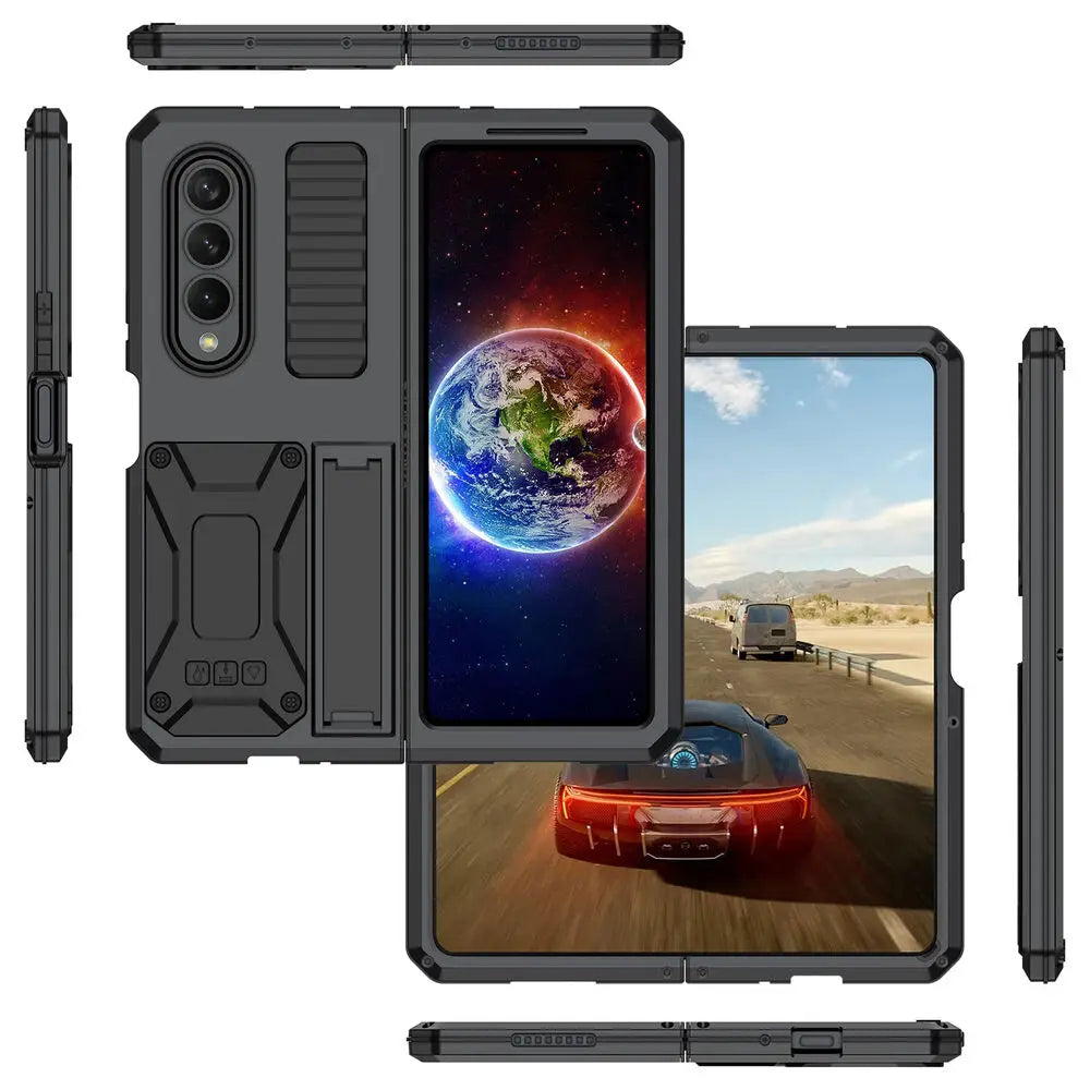 Heavy Duty Armor Metal Aluminum Case – Shockproof Military Stand Cover with Screen Protector for Samsung Z Fold 4