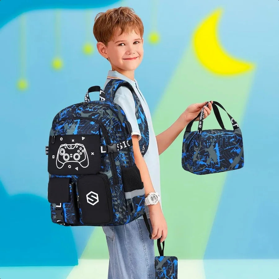 Cool Luminous Boys Backpack Set – 3-Piece Light-Up School Bag with Lunch Box & Pencil Case | Durable School Bag for Kids