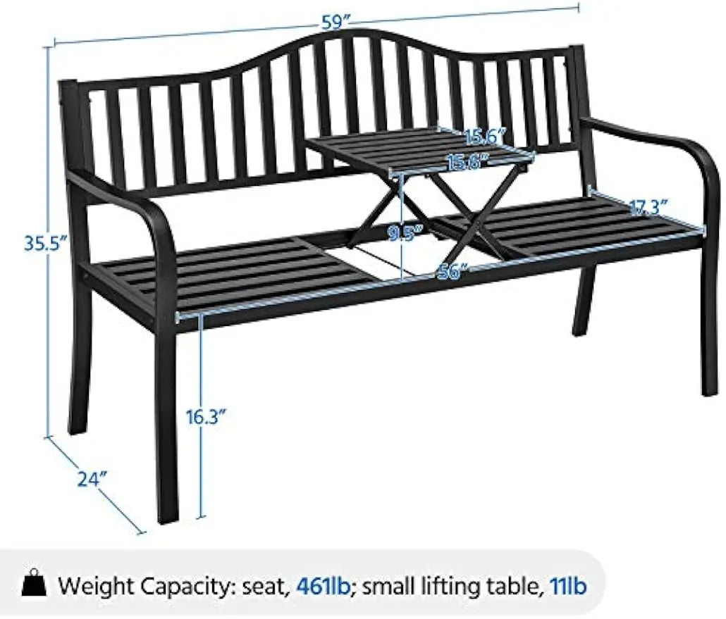 Outdoor Garden Bench with Pull-Out Middle Table – Weather-Resistant Metal Patio Bench for Porch & Backyard