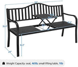 Outdoor Garden Bench with Pull-Out Middle Table – Weather-Resistant Metal Patio Bench for Porch & Backyard