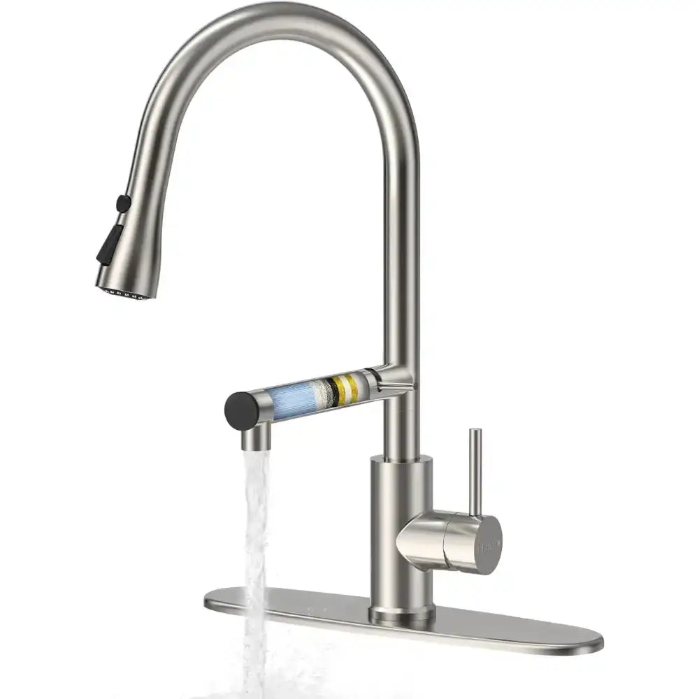 High Arc 304 Stainless Steel Kitchen Faucet – Brushed Nickel Finish with Pull-Down Sprayer & Built-In Filter Function 🚰✨