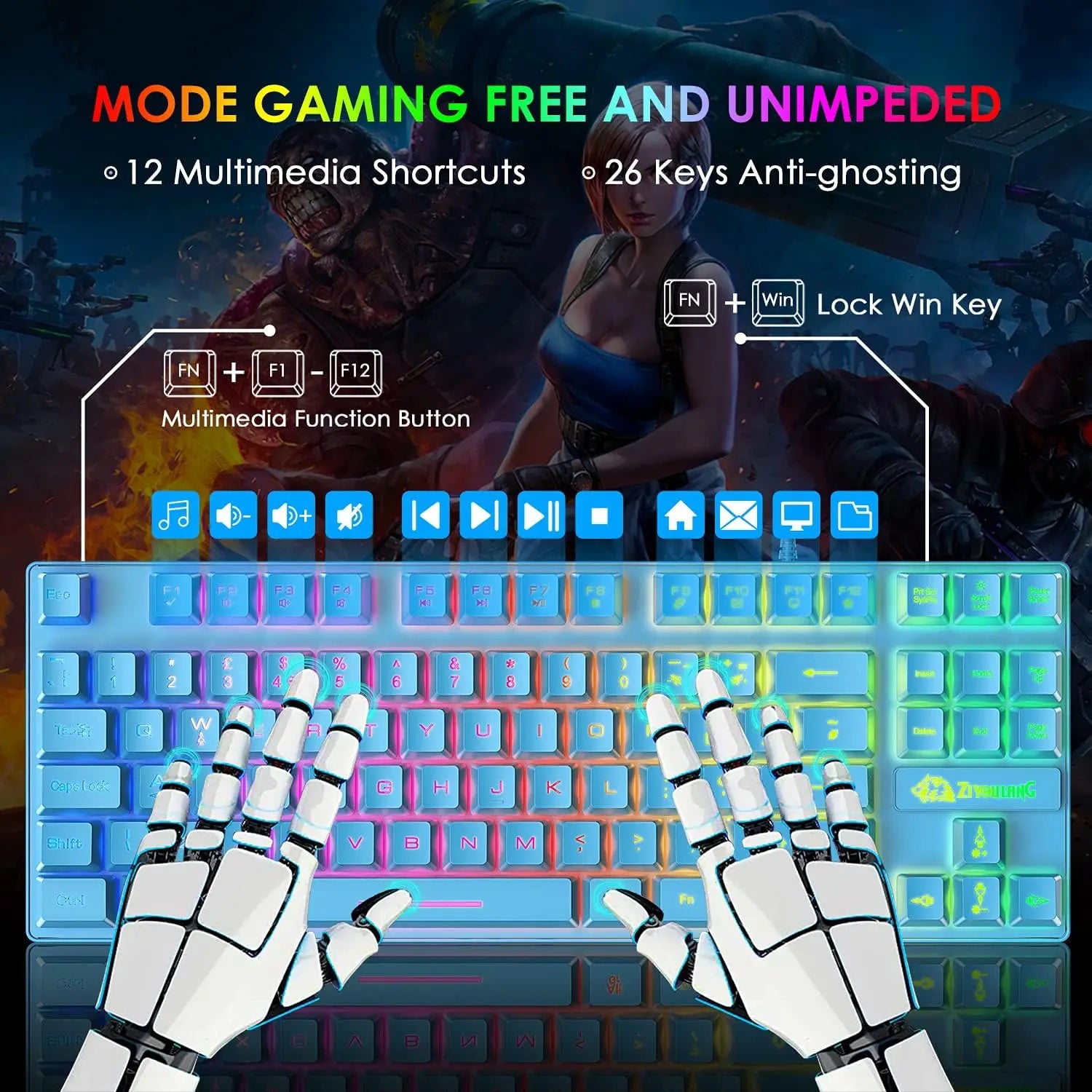Gaming Keyboard and Mouse Combo – 88-Key Compact Rainbow Backlit Keyboard with RGB 6,400 DPI Honeycomb Lightweight Mouse
