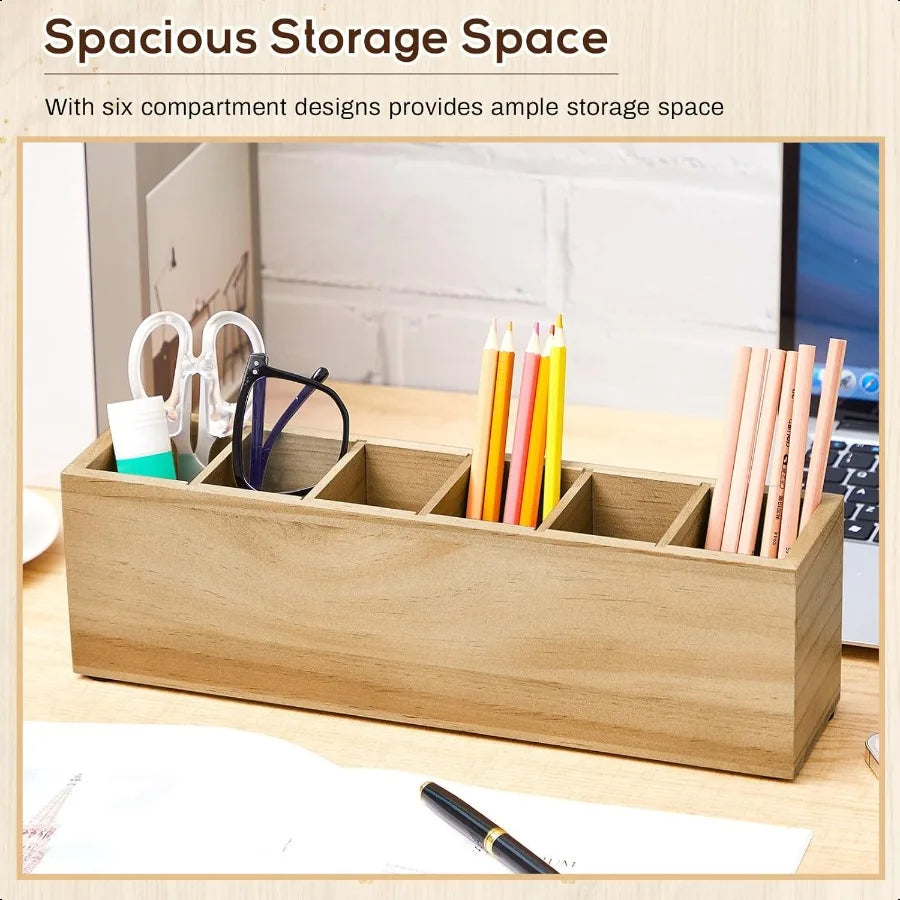 Rustic Wooden 6-Compartment Pen & Brush Holder – Adjustable Desk Organizer
