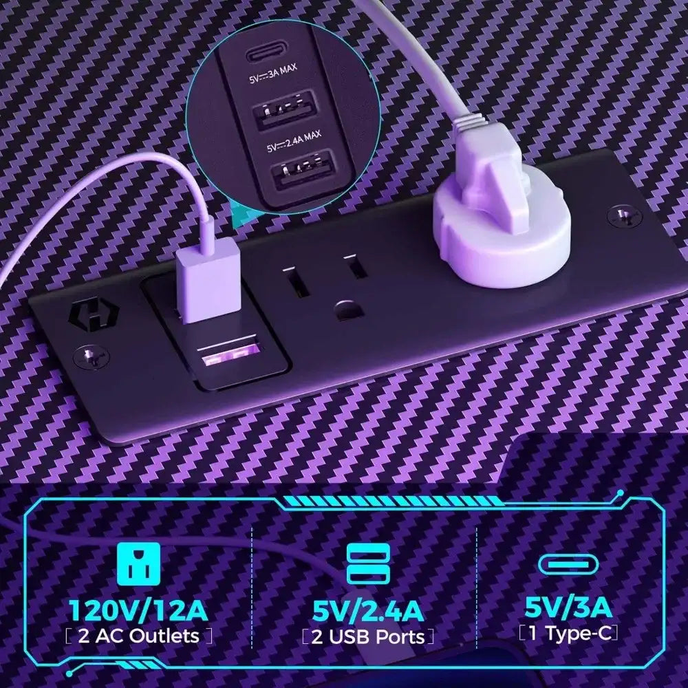 Gaming Desk with LED Lights & Built-in Power Outlets – Computer Desk with Monitor Shelf