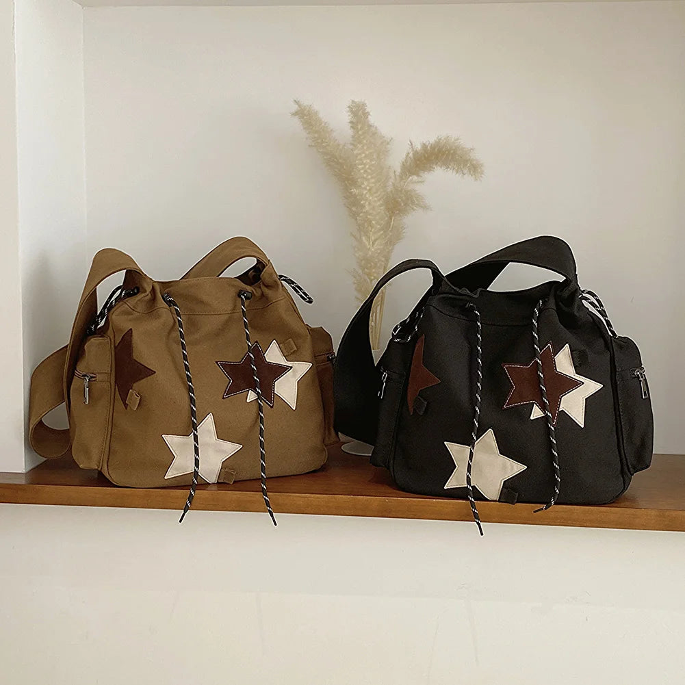 Women’s Cute Crossbody Bag 🎒 – Large Capacity Canvas Shoulder Bag with Star Applique, Y2K Street Style for Teens & Students ✨