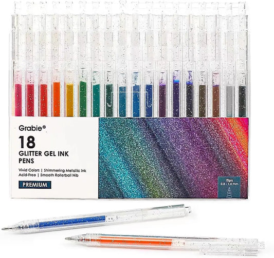 Glitter Gel Pens Set (18 Colors) – Metallic Sparkle Retractable Pens for Coloring & Creative Writing