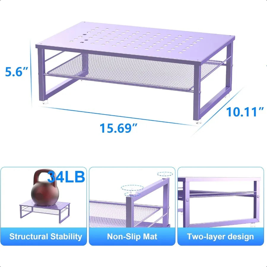 2-Tier Metal Monitor Stand Riser – Office Desk Storage Organizer for Computer, Laptop & Printer with Purple Finish
