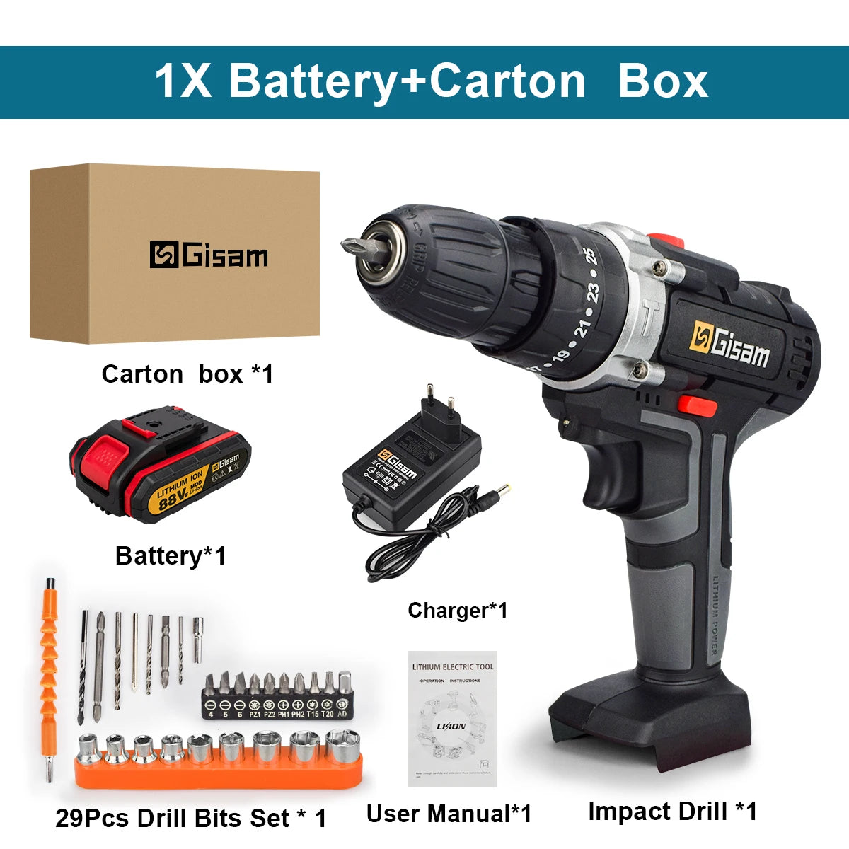 21V Cordless Impact Drill – Electric Screwdriver & Hammer Drill | Mini Wireless Power Tool with Lithium-Ion Battery