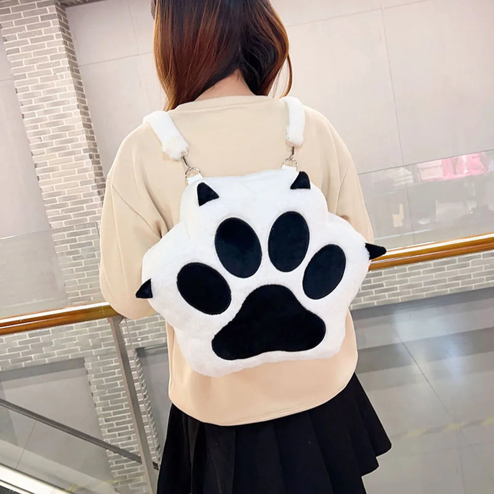 Cute Cat Paw Plush Backpack — Soft Furry Kawaii Cartoon Bag for Women & JK Girls