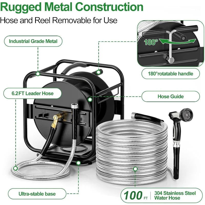 Heavy-Duty Metal Garden Hose Reel with 100FT 304 Stainless Steel Hose – Wall Mount & Floor Hose Spool with Aluminum Nozzle