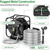 Heavy-Duty Metal Garden Hose Reel with 100FT 304 Stainless Steel Hose – Wall Mount & Floor Hose Spool with Aluminum Nozzle