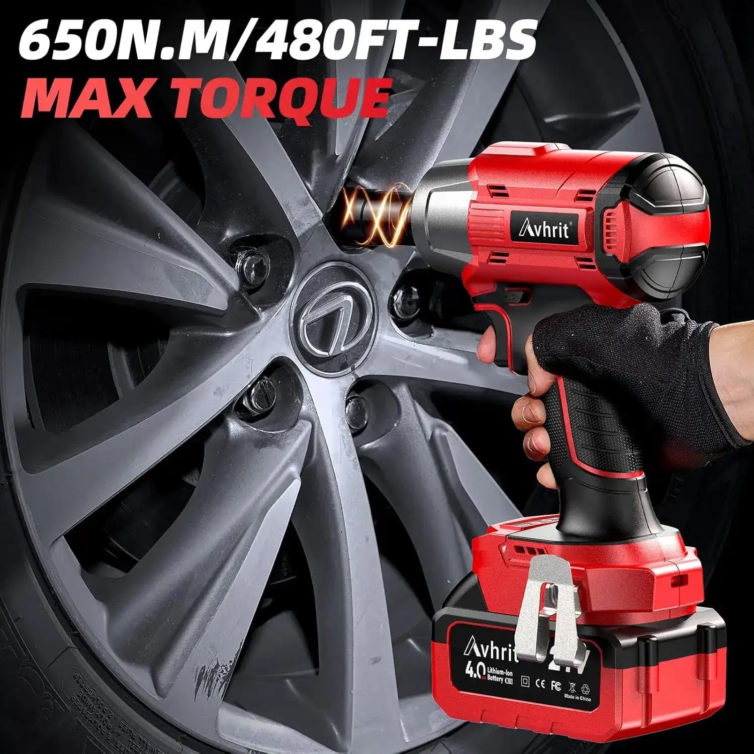 Cordless 1/2″ Drive Impact Wrench – 480 ft-lbs (650 N·m) Max Torque with 4000 mAh Battery & 4 Sockets
