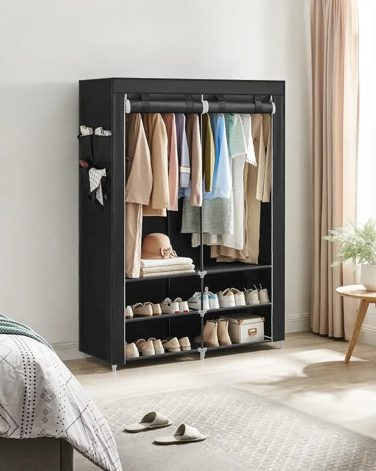 Portable Wardrobe Closet with Shoe Rack & Cover – Clothes Storage Organizer with Shelves & Side Pockets