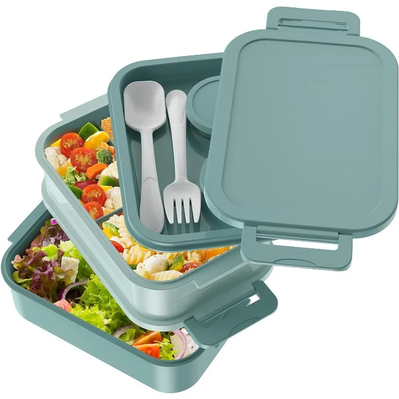 72 oz 3-Layer Stackable Leak-Proof Bento Box – Large Capacity All-in-One Lunch Container with Utensil & Sauce Containers (Green)