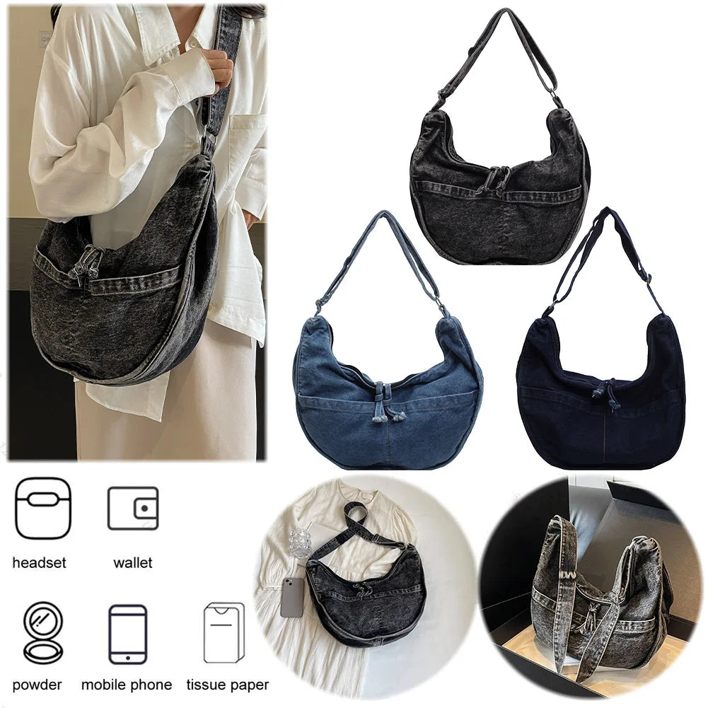 Denim Crescent Shoulder & Crossbody Bag for Women – Vintage Jean Tote Style for Work, Shopping & Travel