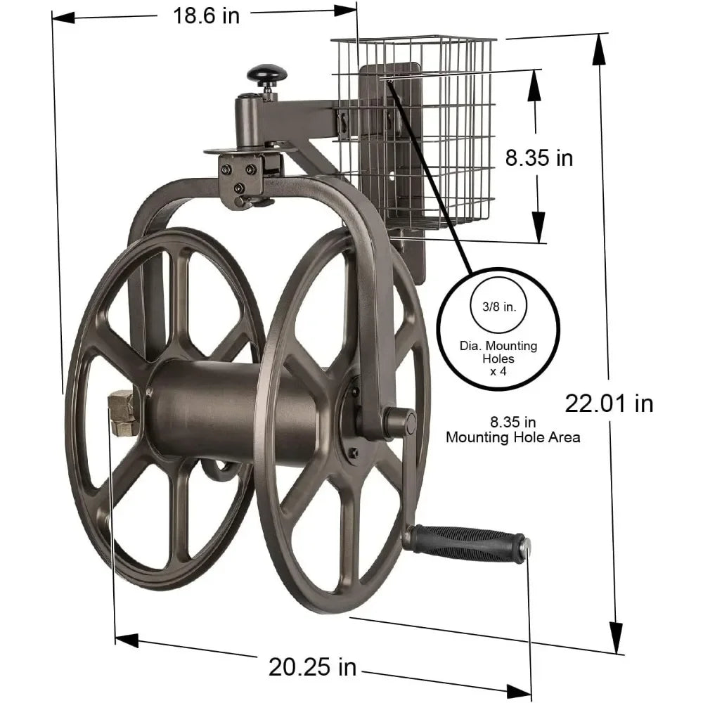 Innovative Single-Arm Navigator Garden Hose Reel – 125ft Capacity | Multi-Directional Bronze Hose Holder for Outdoor & Lawn Care
