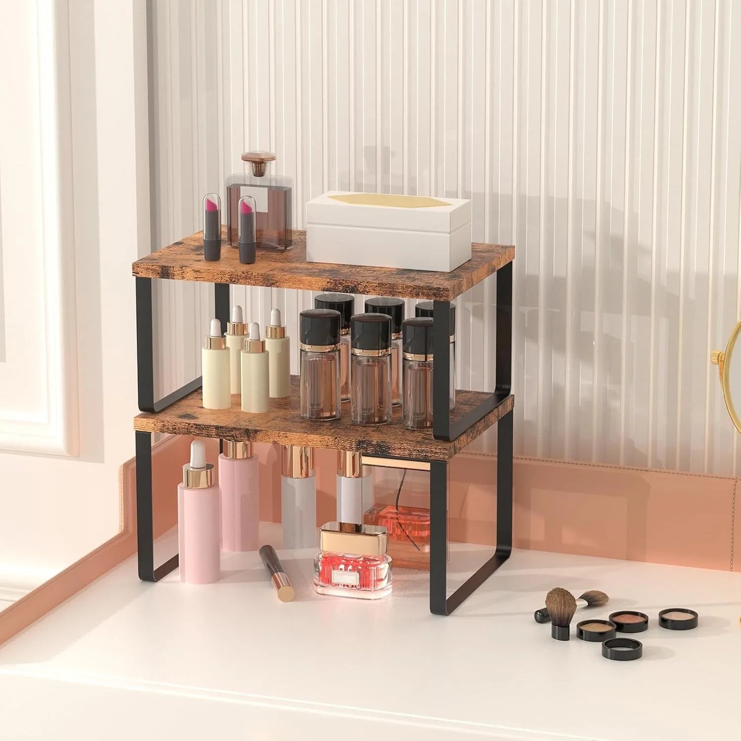 4-Pack Wooden Expandable Countertop Shelves – Stackable Organizer for Kitchen & Bathroom (Brown)