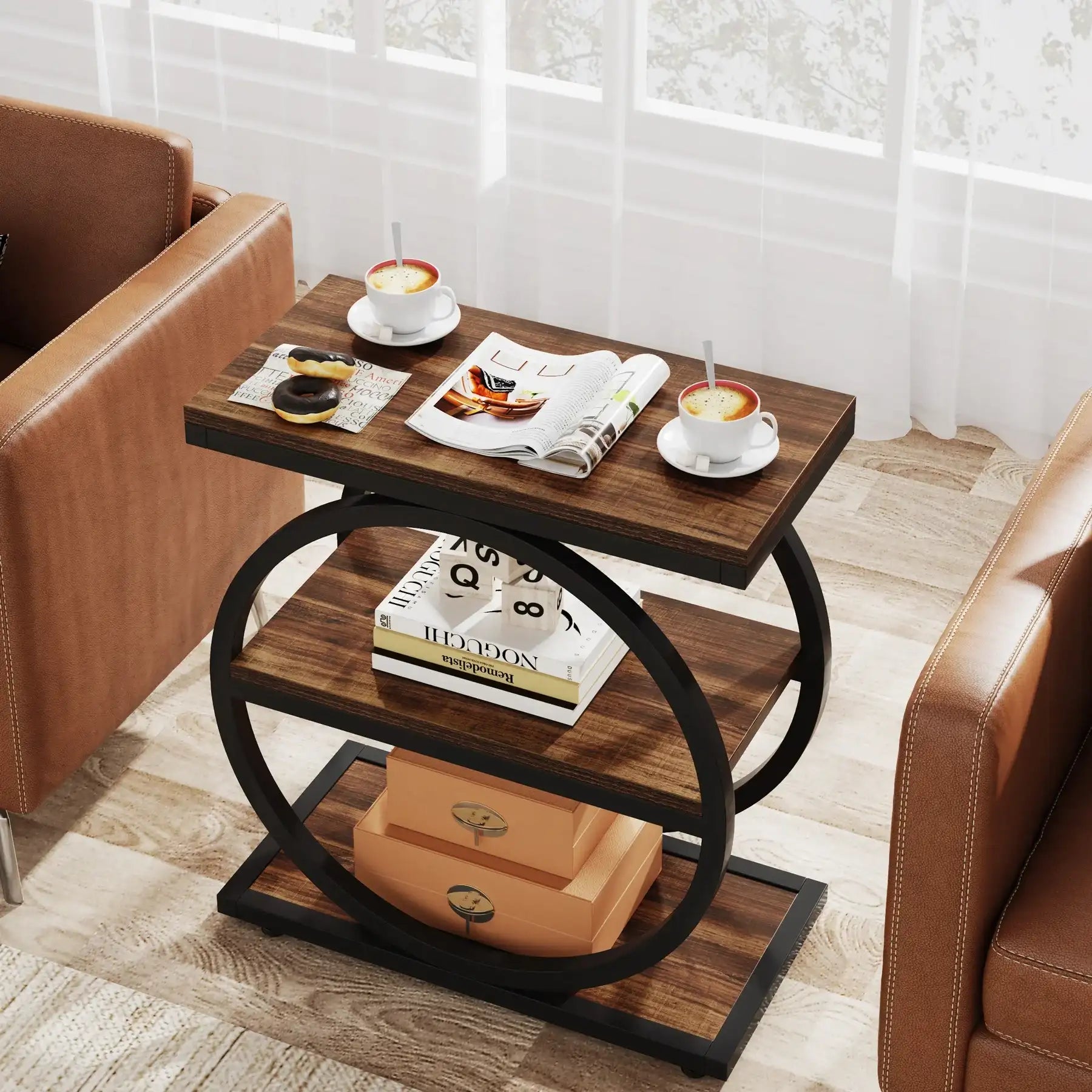 Tribesigns Narrow End Table with 3 Storage Shelves – Wooden Industrial Side Table for Sofa & Living Room