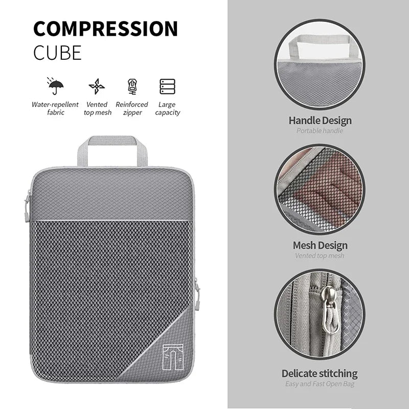 3-6 pcs Compressed Packing Cubes Travel Storage Organizer Set with Shoe Bag & Mesh Visual Luggage Set