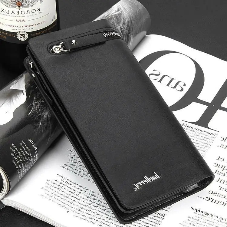 Men’s Long Zipper Bifold Wallet – Elegant Business Travel Leather Purse with Large Capacity & Card Holder Design