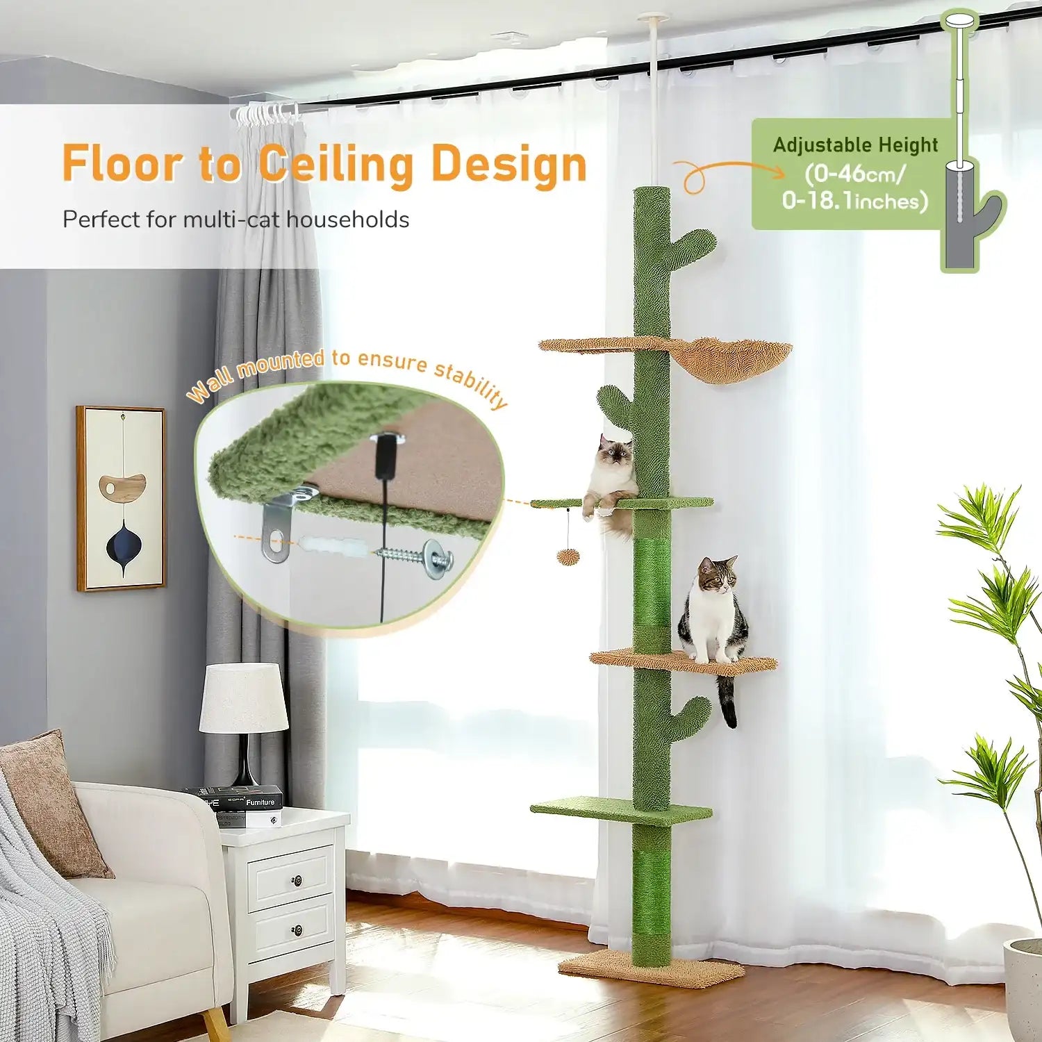 5-Tier Floor-to-Ceiling Cat Tree Tower – Tall Cactus Design with Scratching Posts, Hammock & Play Ball for Indoor Cats”