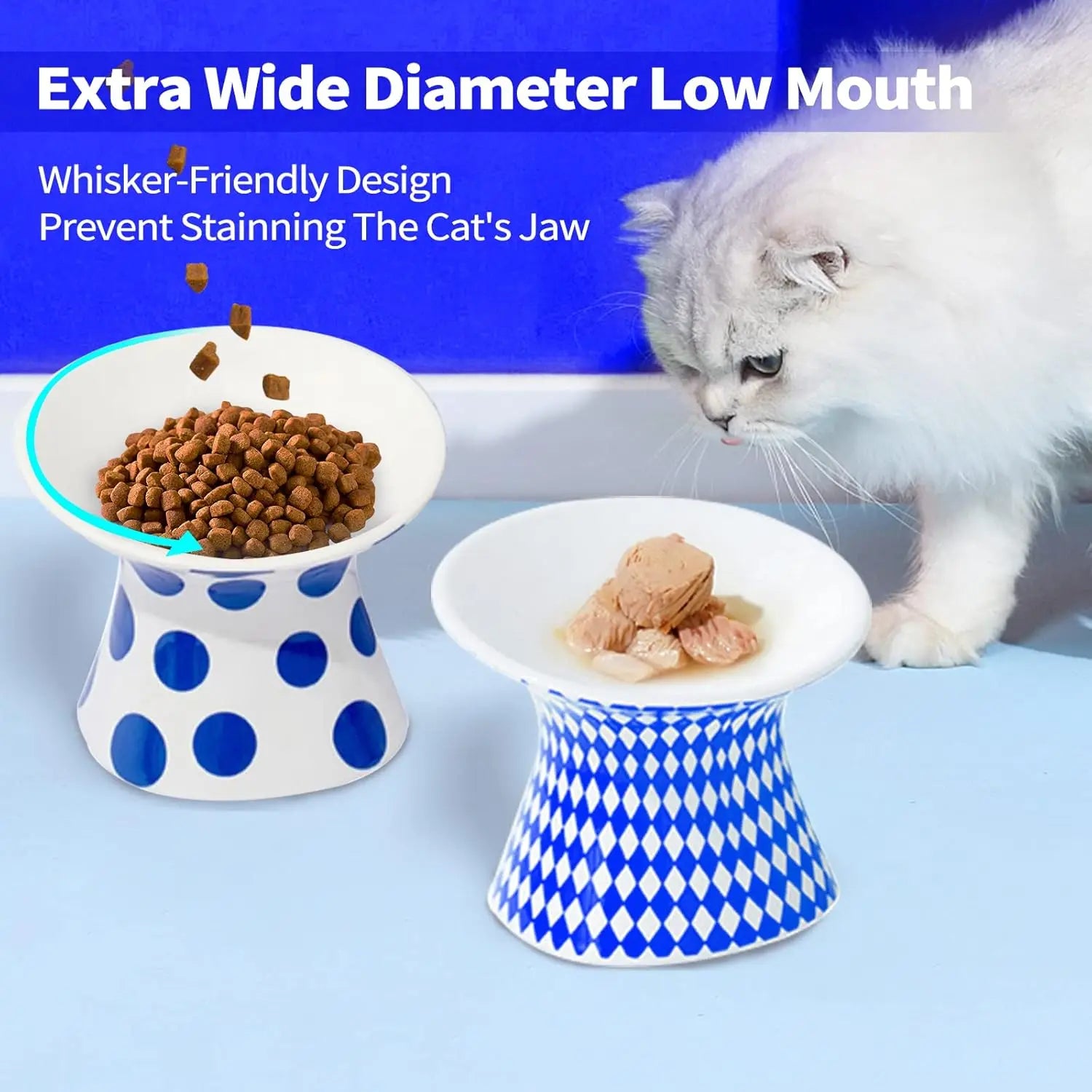 Elevated Ceramic Cat Bowls – Extra-Wide Raised Food & Water Feeder with Tilted Anti-Vomiting Design