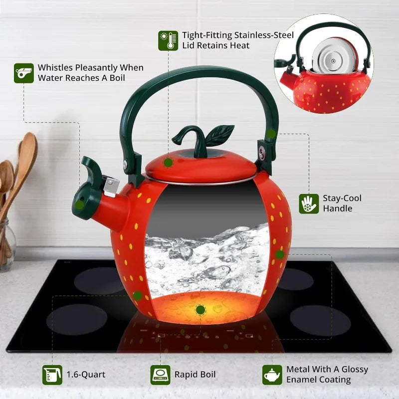 Whistling Tea Kettle – Enamel on Steel Stovetop Teapot with Strawberry Design, Cute Kitchen Water Kettle