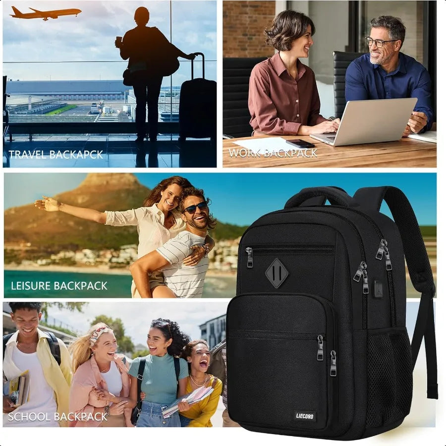 Black Backpack for Men & Boys – 15.6″ Laptop School Bag with USB Charging Port