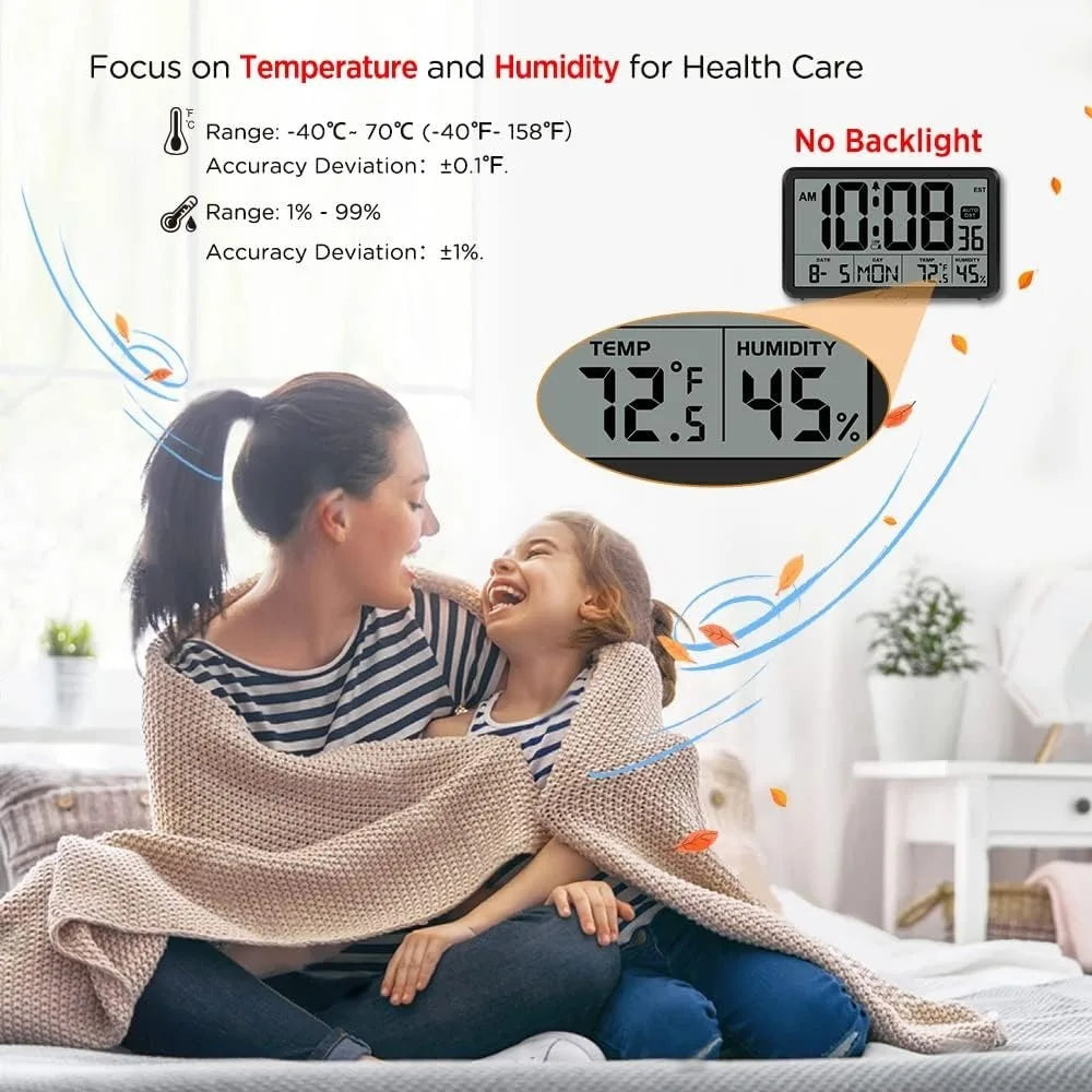 Automatic Digital Wall Clock – Battery Operated Table & Wall Clock with Temperature, Humidity & Date Display