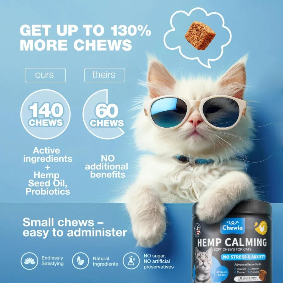 Cat Calming Treats – Hemp & Melatonin Soft Chews with Hemp Seed Oil & Probiotics for Anxiety & Stress Relief