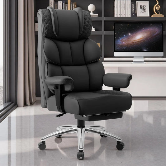 🪑 Big & Tall Reclining PU Leather Office Chair – Ergonomic High-Back with Lumbar Support & Footrest, Black