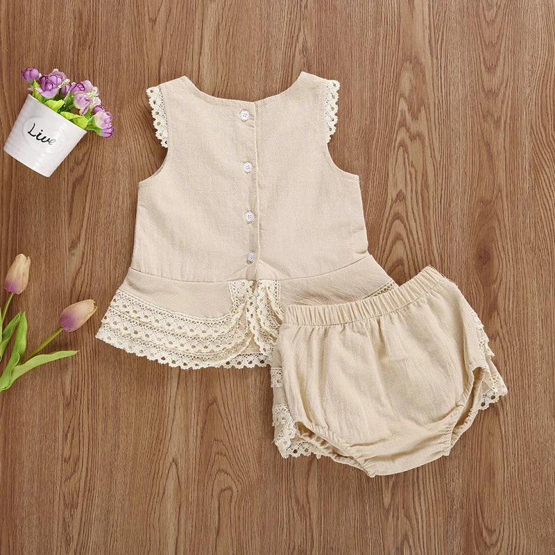 Lioraitiin Baby Girl Summer Outfit – Sleeveless Lace Patchwork Solid Top with Matching Shorts 2-Piece Clothing Set (0–4Y)