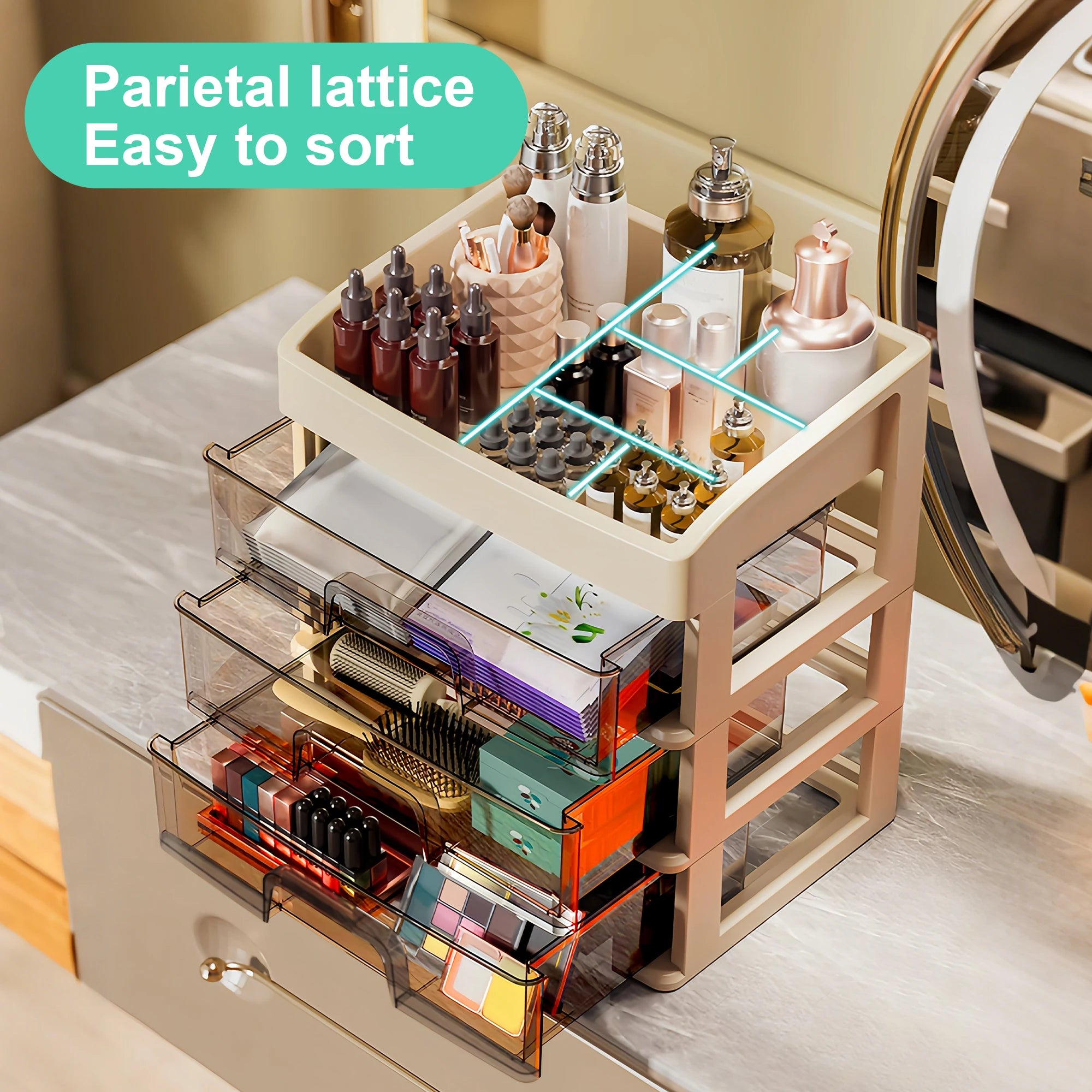 4-Tier Plastic Desktop Organizer with Drawers & Top Compartments – Storage Box for Cosmetics, Jewelry & Office Supplies