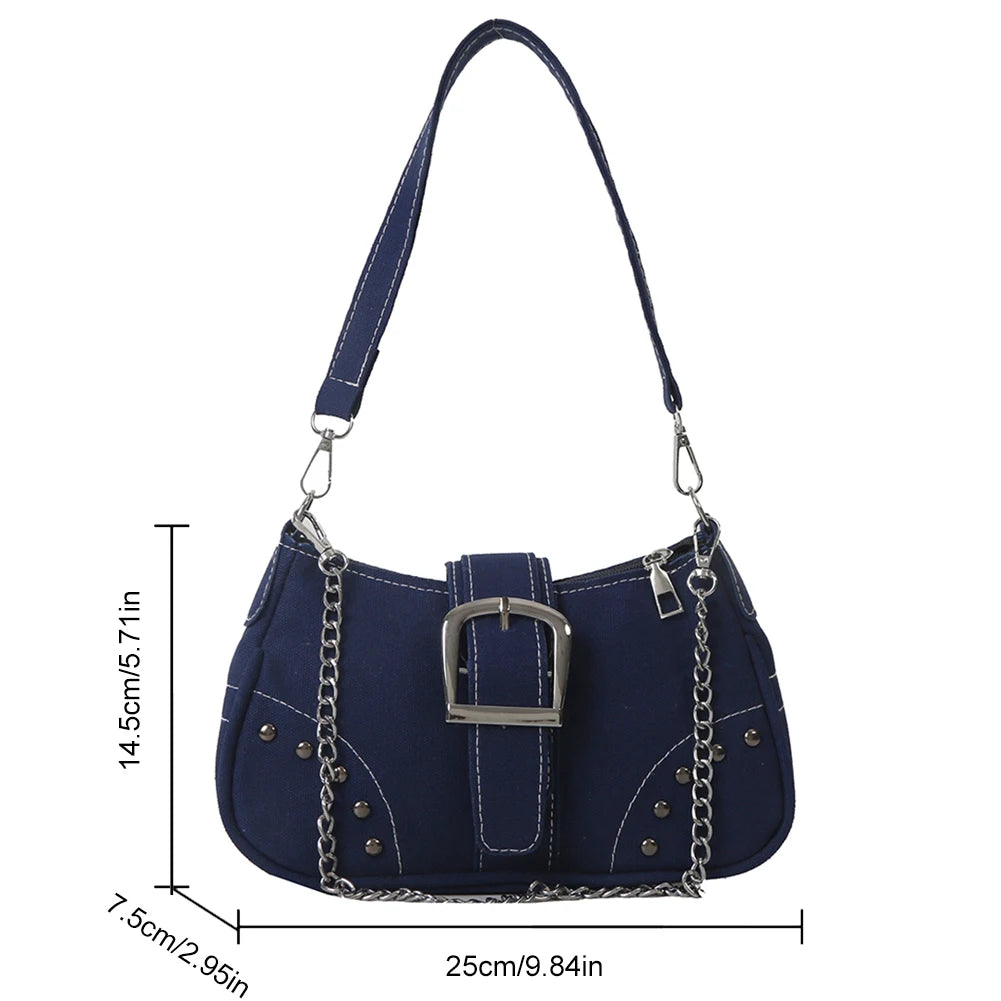 Women’s Vintage Rivet Y2K Under-Arm Canvas Satchel – Trendy Armpit Bag with Zipper Closure