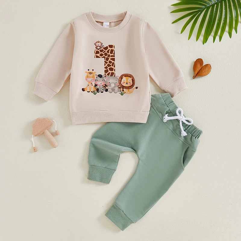 Baby Boy First Birthday Outfit – Animal Print Long Sleeve Sweatshirt & Elastic Waist Pants Set for Fall Celebrations